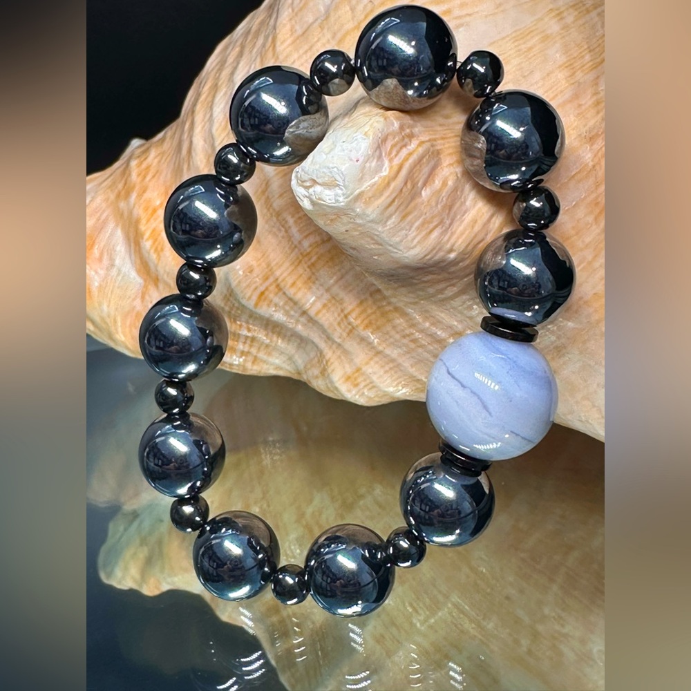 TERAHERTZ + CHALCEDONY NATURAL STONES  BRACELET size 7”